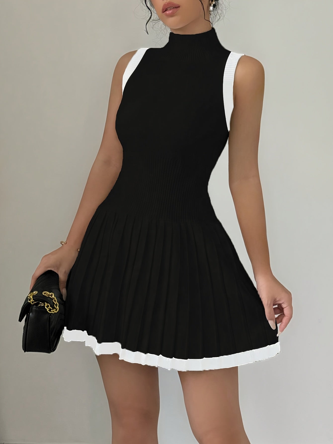 1pc Elegant Summer Knit Dress for Women, Casual Style Color Block Sleeveless A-Line Dress with Stand Collar, Polyester 95% Spandex 5% Knit Fabric, Stand Collar